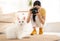 Professional animal photographer taking picture of white cat indoors