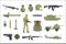 Professional Army Infantry Forces Weapons, Transportation And Soldier Equipment Set Of Realistic Objects In Khaki Color