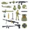 Professional Army Infantry Forces Weapons, Transportation And Soldier Equipment Set Of Realistic Objects In Khaki Color