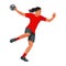 Professional Asian women\'s handball player figure in a red shirt throws a ball bouncing