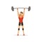 Professional athlete holding barbell above his head. Strong man character in red lifter suit. Weightlifting, cross fit