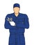 Professional auto mechanic cartoon character holding a wrench. Expert service worker. Build your personal design on white