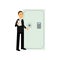 Professional bank manager standing near closed metal safe. Preservation and protection of money. Man character in black