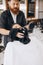 Professional barber, clipper preapring client for haircut, shaving at barbershop. Beauty, selfcare, style, fashion and