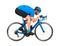 Professional bicycle road racing cyclist racer  in blue sports jersey on light carbon race in aerodynamic downhill descent