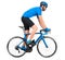 Professional bicycle road racing cyclist racer  in blue sports jersey on light carbon race out of the saddle ascent uphill
