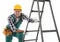 Professional builder near metal ladder on white background