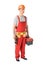 Professional builder in overalls and hardhat holding toolbox and drill