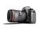 Professional camera with black leather inserts for travel photography 3d render on white background with shadow