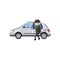 Professional car thief character stealing and breaking car door, auto insurance concept cartoon vector Illustration