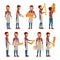 Professional Carpenter Vector. Foreman. Male In Different Poses. Profession. Flat Cartoon Illustration