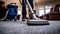 Professional Carpet Cleaning Service. Janitor Using Vacuum Cleaner. Generative Ai