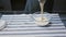 Professional chef is cooking cake. Young attractive chef pours white cream to glass bowl