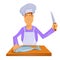 Professional chef makes fish. Chef in a cooking hat. Cook at work. Ð¡hef cooking gourmet meal. Cartoon cook - chef in uniform.