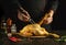 Professional chef prepares raw rooster in the restaurant kitchen. Cooking cockerel with fragrant spices and rosemary for lunch