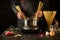 A professional chef prepares spaghetti soup in a pot in the kitchen. The idea for a hotel to prepare a delicious lunch. Vegetarian