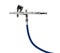 Professional chrome metal airbrush acrylic color paint gun tool with blue hose isolated white background. industry art scale model