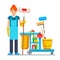 Professional cleaner woman with janitor cart