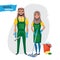 Professional cleaners team. Young arab muslim smiling couple are holding cleaning tools. Vector illustration of cartoon