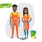 Professional cleaners team. Young black african american smiling couple are holding cleaning tools. Vector illustration