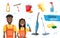 Professional cleaners team. Young black african american smiling couple are holding cleaning tools. Vector illustration