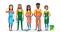 Professional cleaners team. Young multiracial smiling people are holding cleaning tools. Vector illustration of cartoon