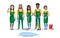 Professional cleaners team. Young multiracial smiling people are holding cleaning tools. Vector illustration of cartoon