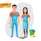 Professional cleaners team. Young smiling asian couple are holding cleaning tools. Vector illustration of cartoon