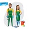 Professional cleaners team. Young smiling couple are holding cleaning tools. Vector illustration of cartoon characters