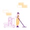 Professional Cleaning Company Service Concept. Female Character Sweeping and Mopping Floor with Mop in Public Place