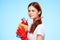 professional cleaning lady cleaning supplies work blue background