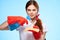 professional cleaning lady detergent with a rag in her hands working like blue background