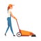 Professional Cleaning Woman Using Floor Cleaning Machine, Female Worker Character Dressed in Blue Overalls, Rubber