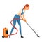 Professional Cleaning Woman Vacuuming the Floor, Female Worker Character Dressed in Blue Overalls and Rubber Gloves