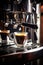 Professional coffee maker machine brewing fresh espresso coffee in cafe. Generative Ai