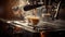 Professional coffee maker machine brewing fresh espresso coffee in cafe. Generative Ai