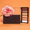 Professional colorful eye shadows for make up in plastic box on orange background. Mock up image with space for text