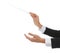 Professional conductor with baton on white background, closeup