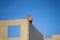 Professional construction worker sits on the edge of the wall of a house under building construction, waiting for the