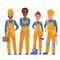 Professional construction workers specialists characters team. Friendly workers in workwear uniiform standing together