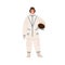 Professional cosmonaut in uniform. Young smiling astronaut in spacesuit holding helmet. Male spaceman character. Flat