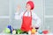 Professional culinary tips. Culinary show concept. Woman pretty chef wear hat and apron. Delicious and easy recipes