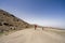 Professional cyclist speeding downhill and small boy biker struggling uphill in Sierra Nevada mountains, Spain