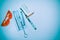 Professional Dentist tools: dental mirror, probe, syringe, tip with bur, LED lamp, goggles, etc. Dental Hygiene and Health