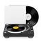 Professional DJ Turntable Vinyl Record Player near Stack of Vinyl Disks in Blank Paper Cases. 3d Rendering