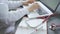 Professional doctor working on laptop in lab, stethoscope on table, medicine