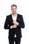 Professional dress code. Man happy well groomed in formal suit, isolated white background. Male fashion concept