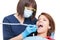 Professional drilling procedure at dentist on white background