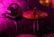 Professional drum kit and headphones on stage in night club
