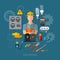 Professional electrician with electricity tools flat vector